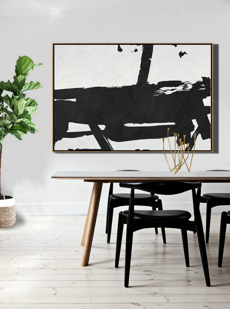 Large Wall Art Canvas,Hand Painted Oversized Horizontal Minimal Art On Canvas, Black And White Minimalist Painting - Modern Wall Decor